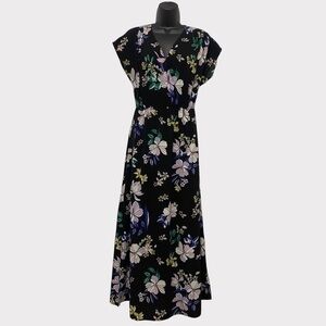 Halogen Black & Purple Floral Short Sleeve Midi Dress Size XS Petite